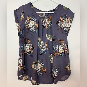 Sweet Rain Floral Blouse XL Purple Gray Flowy Cap Sleeve Top
